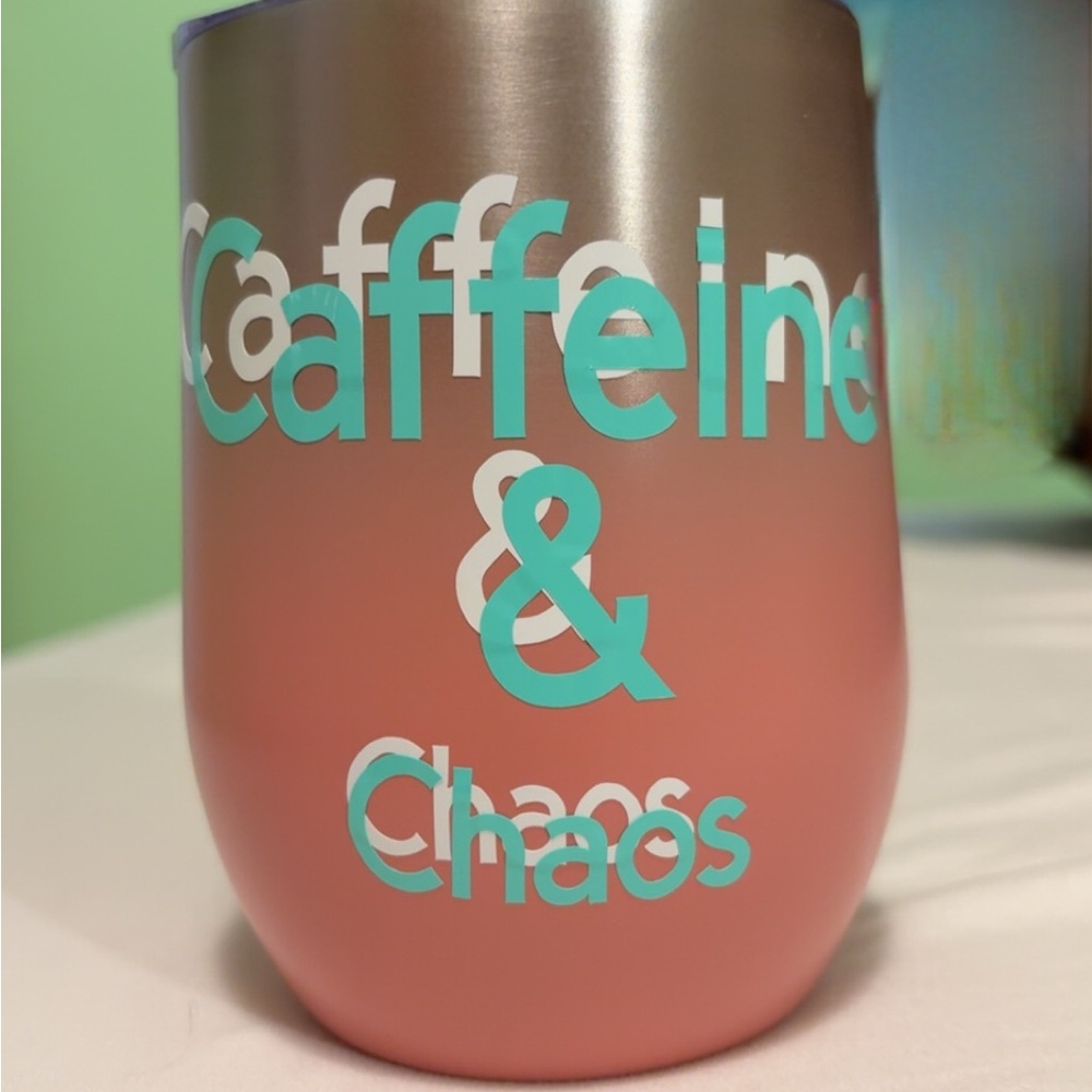Pink and Silver Tumbler with Teal Text